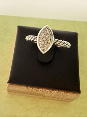 David Yurman Silver Pavé Marquise Ring with Twisted Rope Band